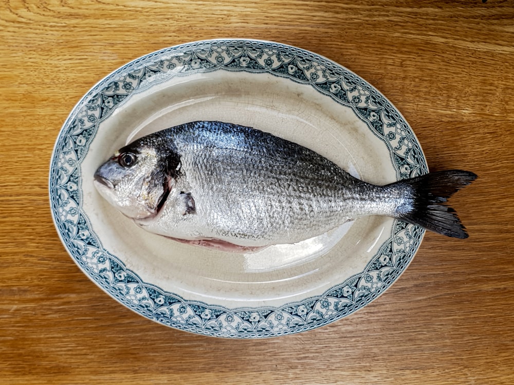 fish on white and blue floral ceramic plate
