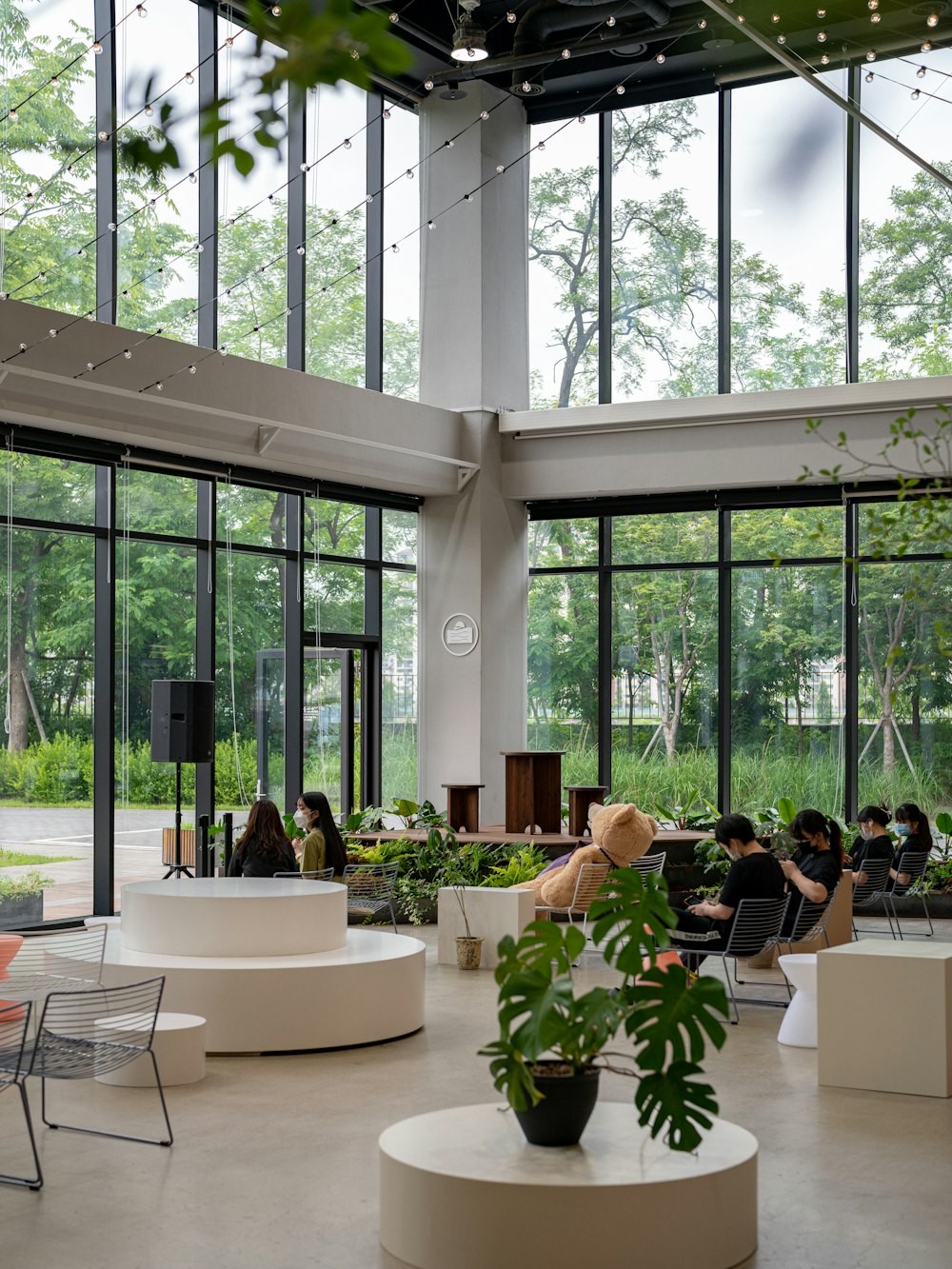 people sitting on white chairs inside room