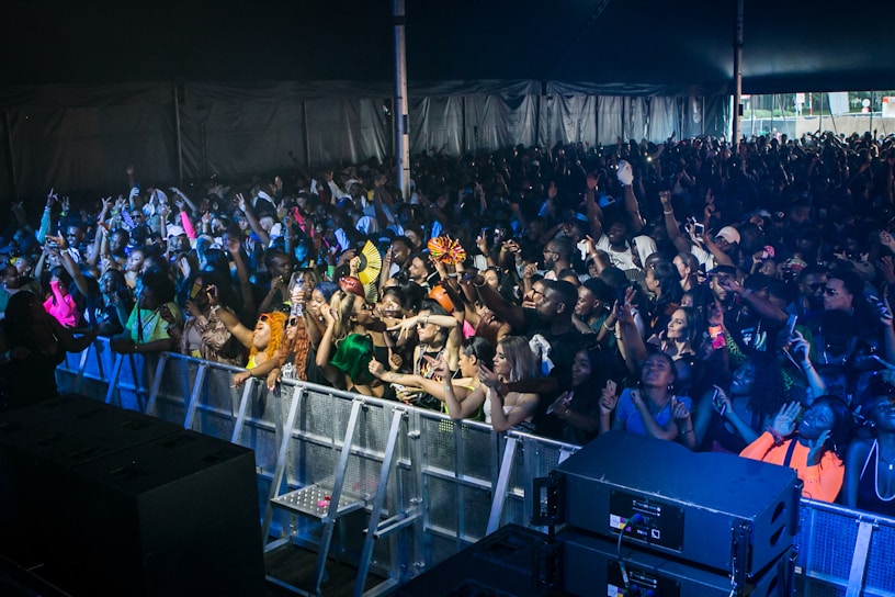 A roaring crowd at a packed metal concert, fists raised and hair flying.