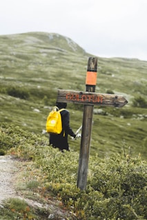 A wooden signpost with 'GULDTUR' written on it stands prominently in a lush, green landscape. In the background, a person is walking uphill, carrying a bright yellow backpack, blending into the expansive, grassy hills surrounding them.