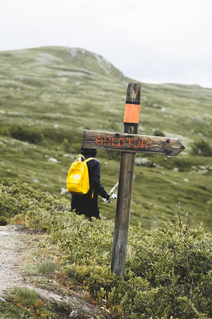 A wooden signpost with 'GULDTUR' written on it stands prominently in a lush, green landscape. In the background, a person is walking uphill, carrying a bright yellow backpack, blending into the expansive, grassy hills surrounding them.