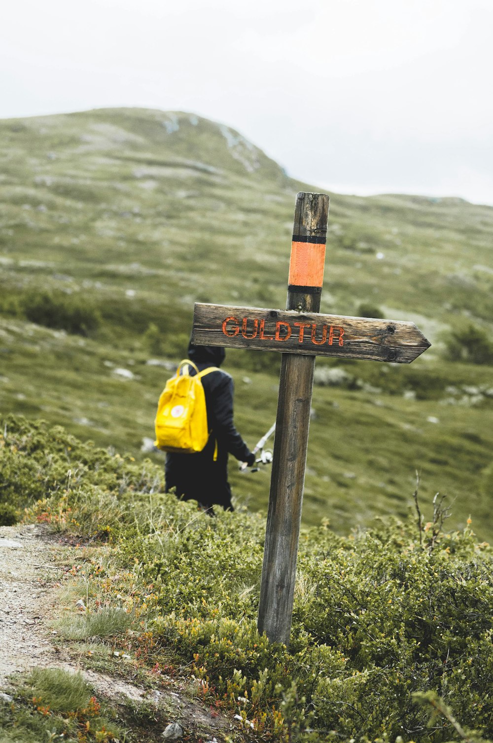 person in yellow jacket and black pants standing on brown wooden post