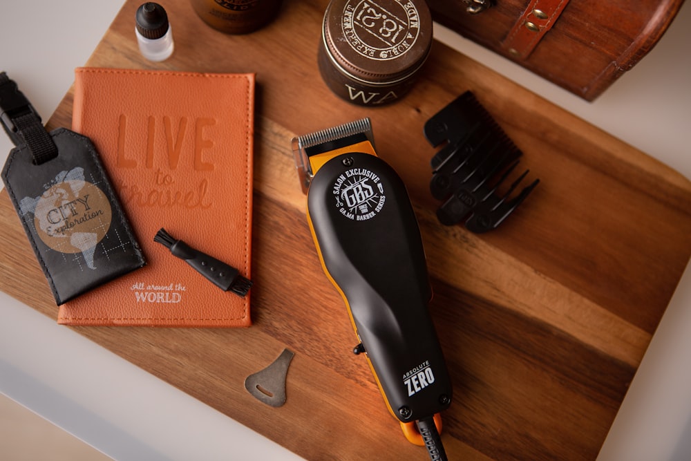 black hair brush on brown wooden table