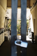 A gated passageway with large vertical metal bars in the foreground and a lock hanging on one of them. Beyond the gate, there is a partially visible outdoor space with potted plants and a heater. The walls on either side are beige, and there is an intricate wooden fence adorned with greenery at the end of the passage.