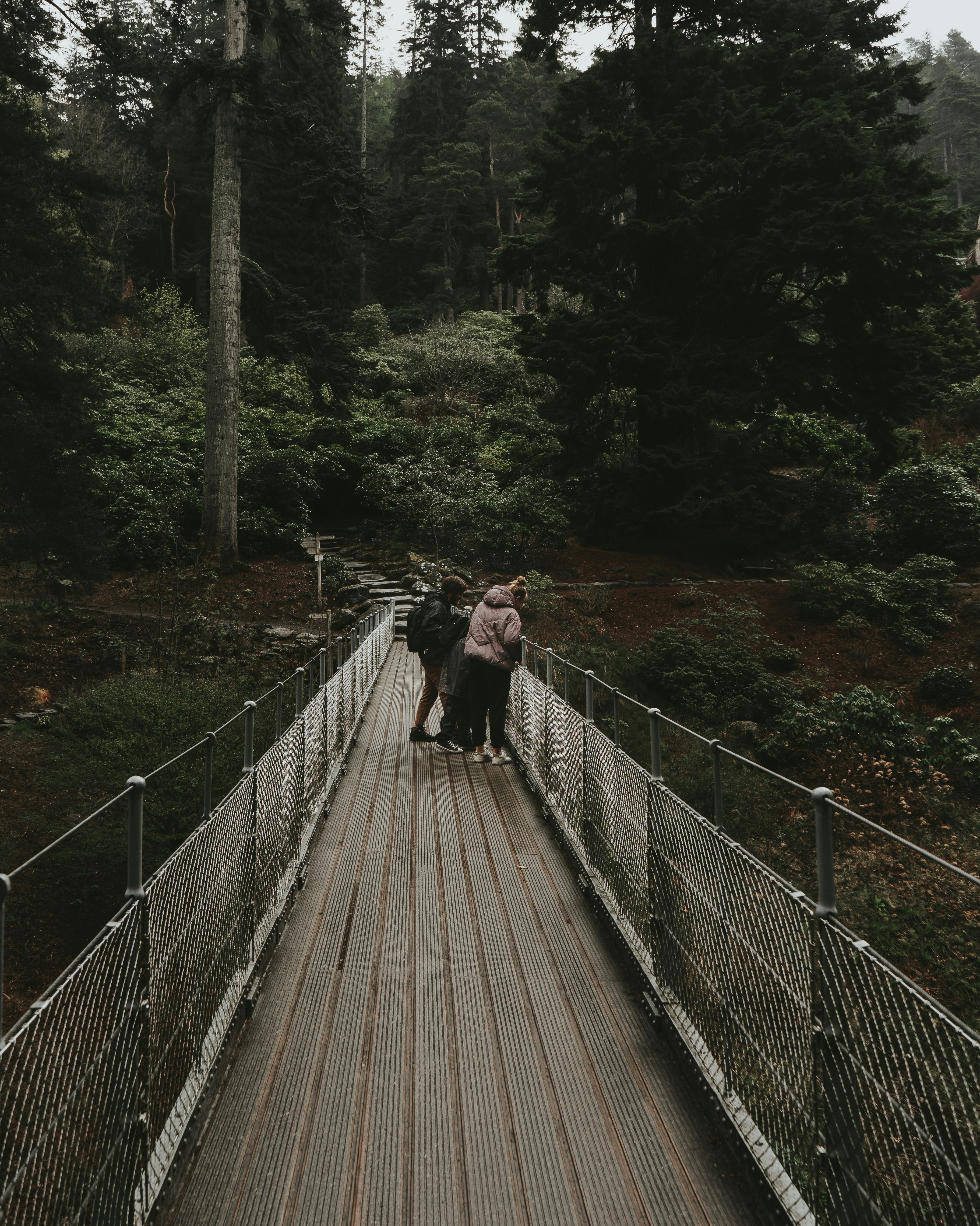 Frau in schwarzer Jacke und schwarzer Hose auf brauner Holzbrücke