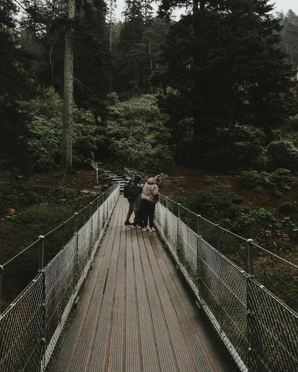 Frau in schwarzer Jacke und schwarzer Hose auf brauner Holzbrücke