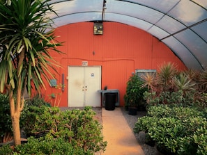 A greenhouse interior with a red-orange curved wall at the back, featuring a white exit door with a small window. Lush green plants, including tall, leafy trees and a variety of shrubs, are positioned on either side of a central pathway that leads to the exit door. The structure has a translucent curved roof allowing filtered light inside.