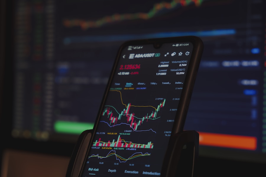 Cryptocurrency market data visualization on digital screens