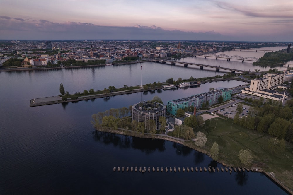 aerial view of city buildings near body of water during daytime