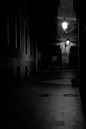 A shadowy alleyway at night with a flickering streetlamp, setting a suspenseful mood.