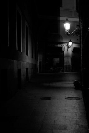A shadowy alleyway lit by a flickering streetlamp, evoking suspense.