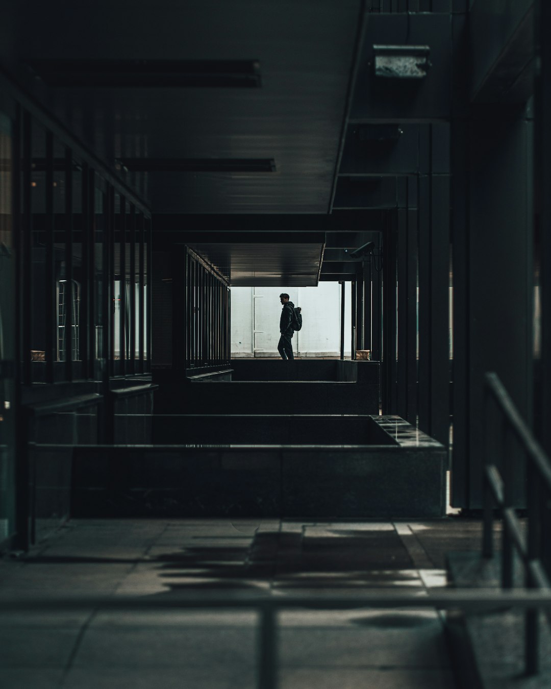 silhouette of person standing on stairs