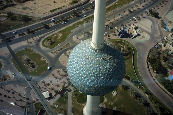 white and blue round concrete building