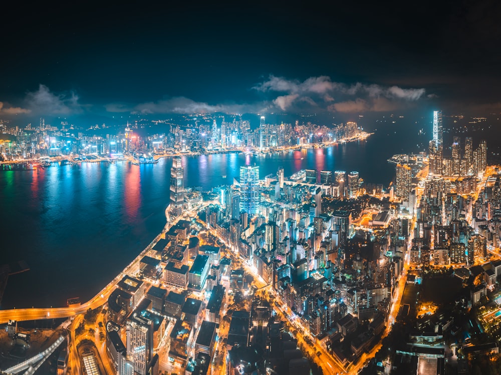 city skyline during night time