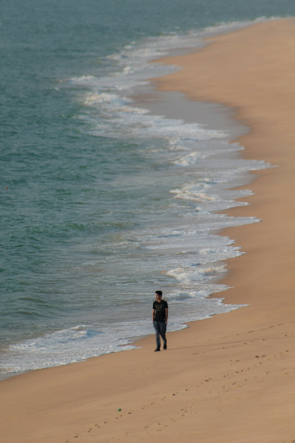 man in black shirt walking on beach during daytime