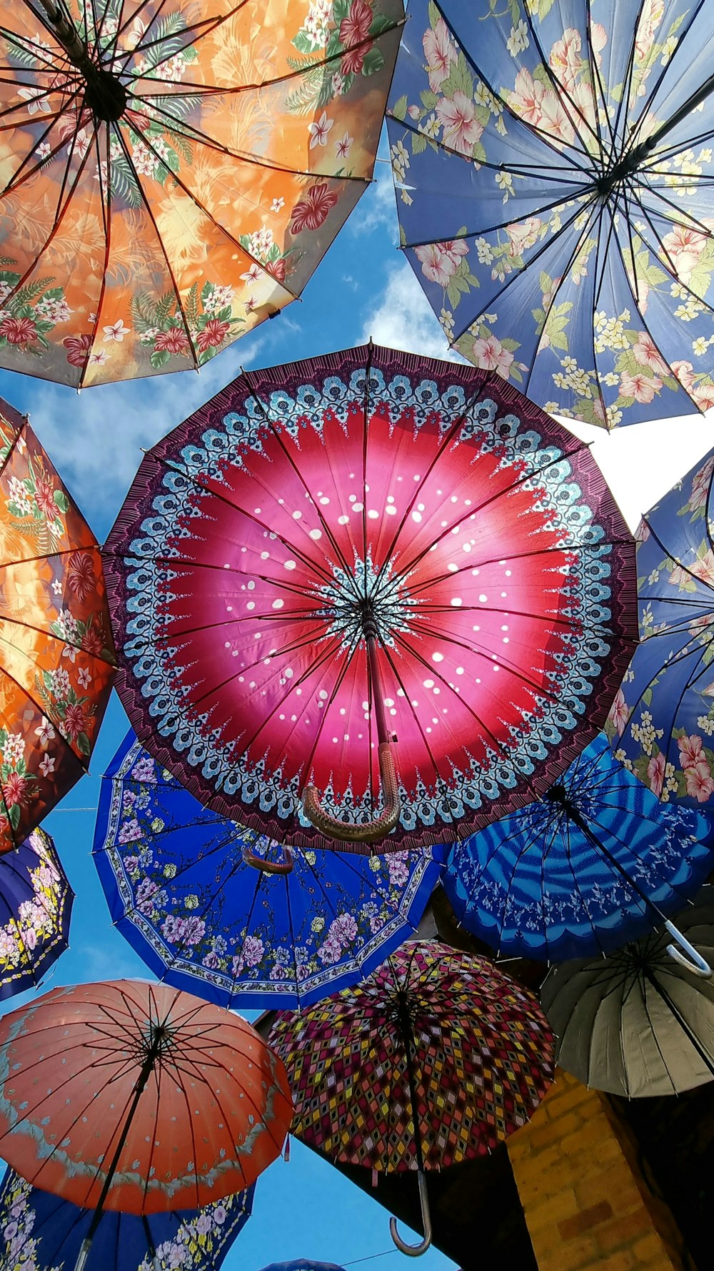 red and blue umbrella umbrella under blue sky