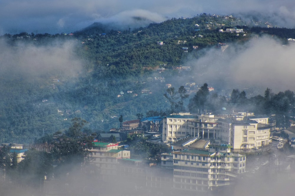 white and black concrete building near green trees under white clouds during daytime