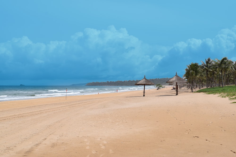 brown beach umbrellas on beach during daytime