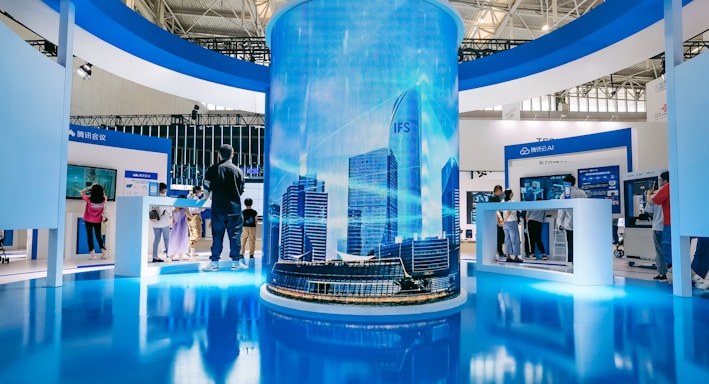 people standing in front of blue and white building