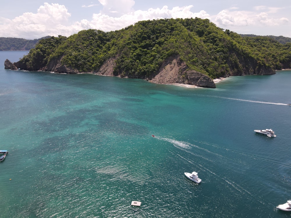 white boat on sea near green mountain during daytime