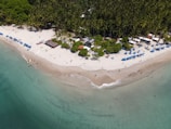 Aerial view of a tropical beach with white sand lined with palm trees and blue umbrellas. People are scattered along the shoreline, enjoying the beach activities. The ocean water is a vibrant turquoise, with small waves gently lapping the shore. Beach huts and chairs are visible among the coconut trees.