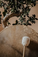 A textured drumhead is positioned near a leafy plant with a sturdy trunk. A fluffy mallet rests against the drum surface, creating a juxtaposition between the natural wood and soft fabric.