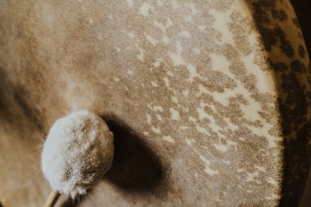A close-up view of a textured drumhead with a mallet resting on its surface. The drumhead has a pattern that resembles speckled animal hide.
