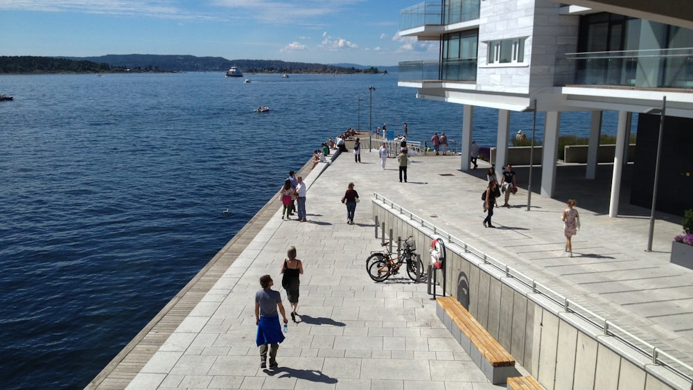 people walking on sidewalk near body of water during daytime