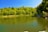 A serene lake surrounded by lush greenery under a clear blue sky.