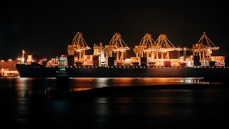 cargo ship on dock during night time
