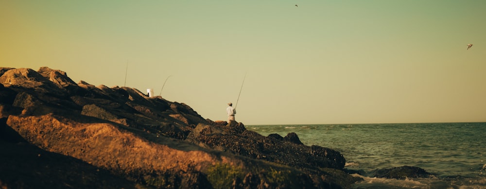 white and brown lighthouse on brown rock formation near body of water during daytime