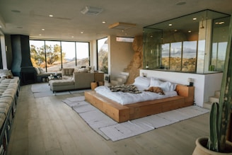 white and brown living room set on hardwood floors in Palm Springs, California. 