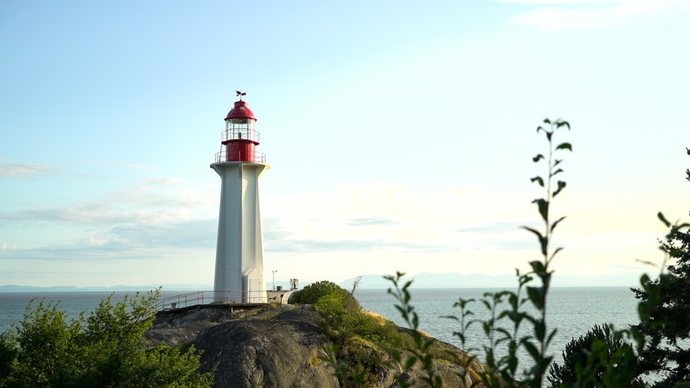 white and red lighthouse on green grass field during daytime