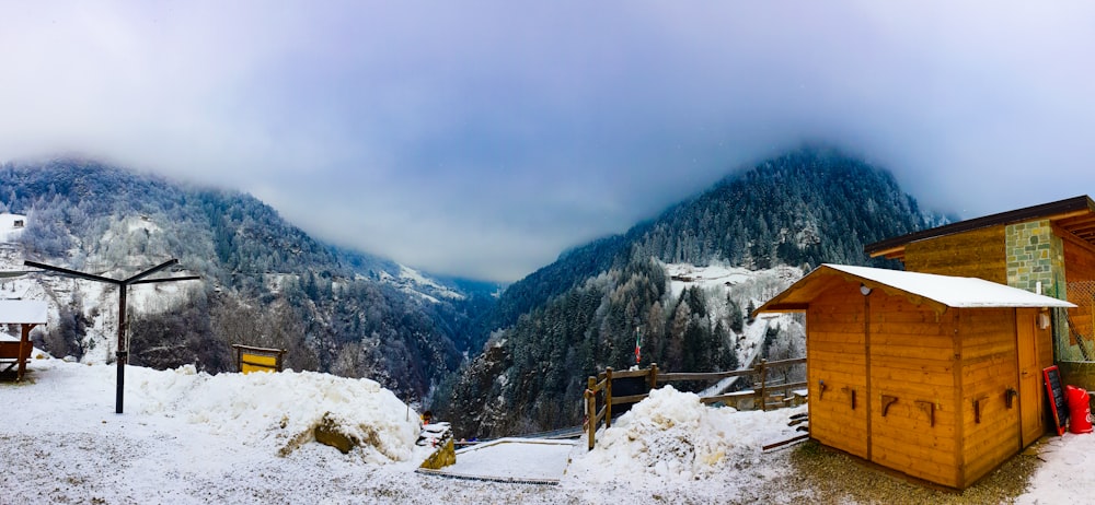 brown wooden house on snow covered ground during daytime