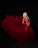 A pregnant woman with long, wavy silver hair is wearing a flowing, voluminous red gown. The fabric of the gown is sheer and creates a dramatic, billowing effect against the dark background. The woman's hands are gently resting on her baby bump, and her expression is serene and contemplative.