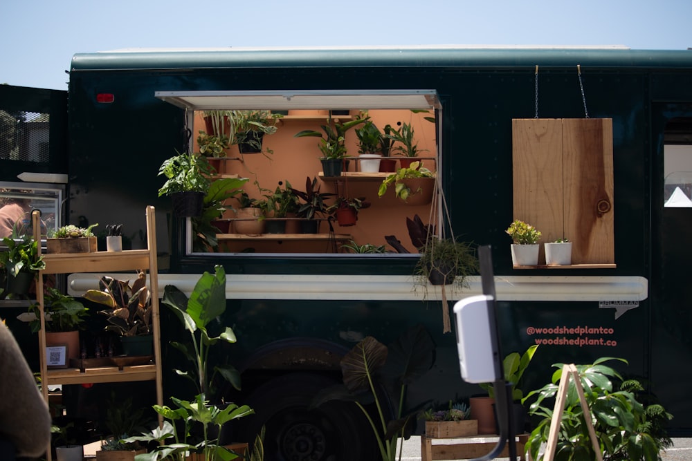 white and brown van with plants