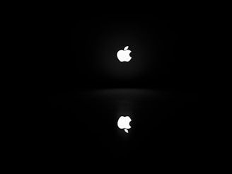 A glowing white apple logo is centered against a black background, with a reflection of the logo appearing directly below it.