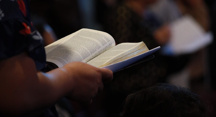 man in black and red shirt reading book