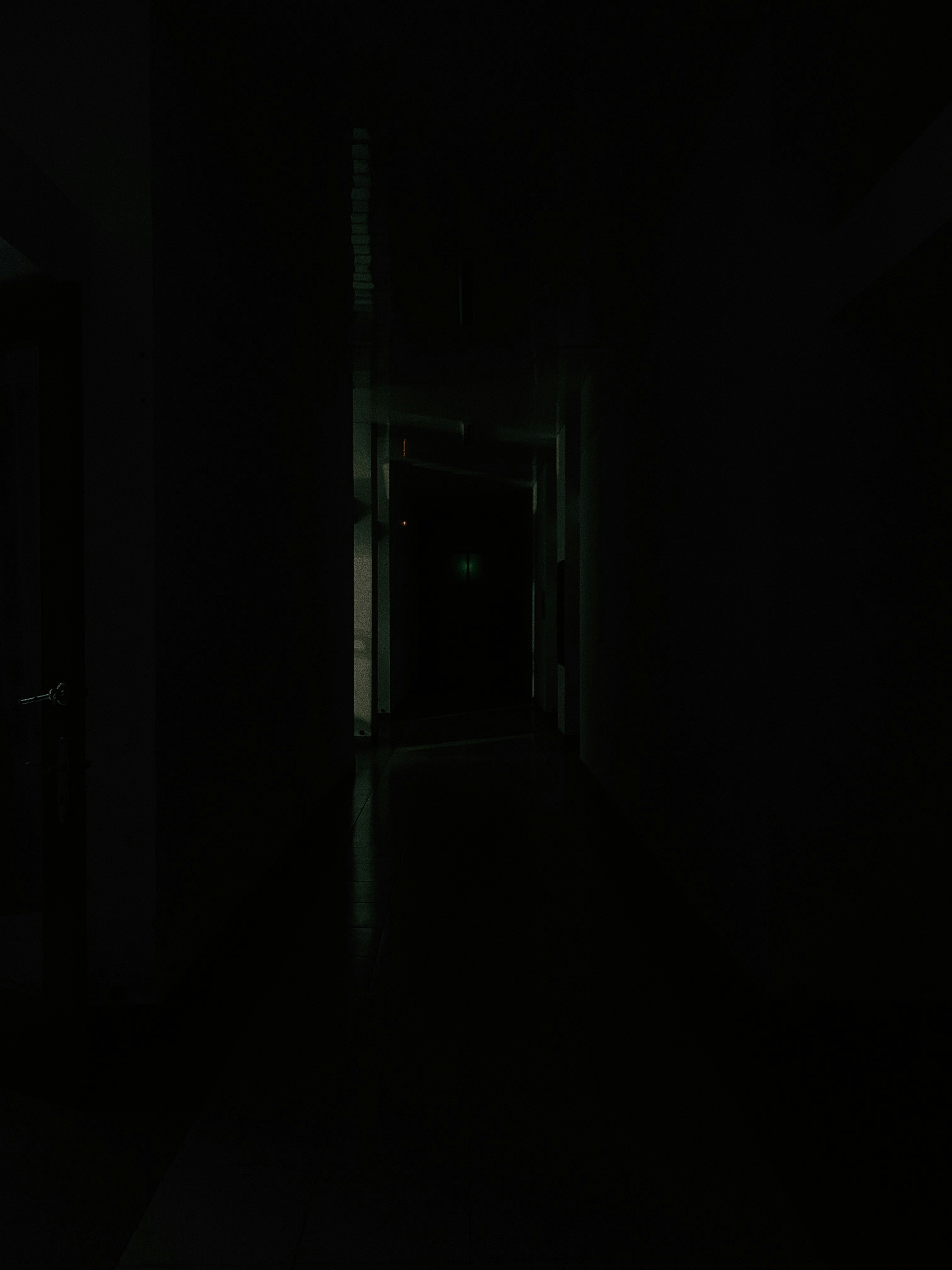 Dark eerie maze with dim green lighting, shadowy corridors, atmospheric horror setting