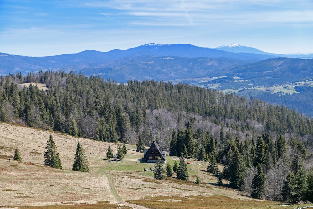 brown house on green grass field near green trees and mountains during daytime