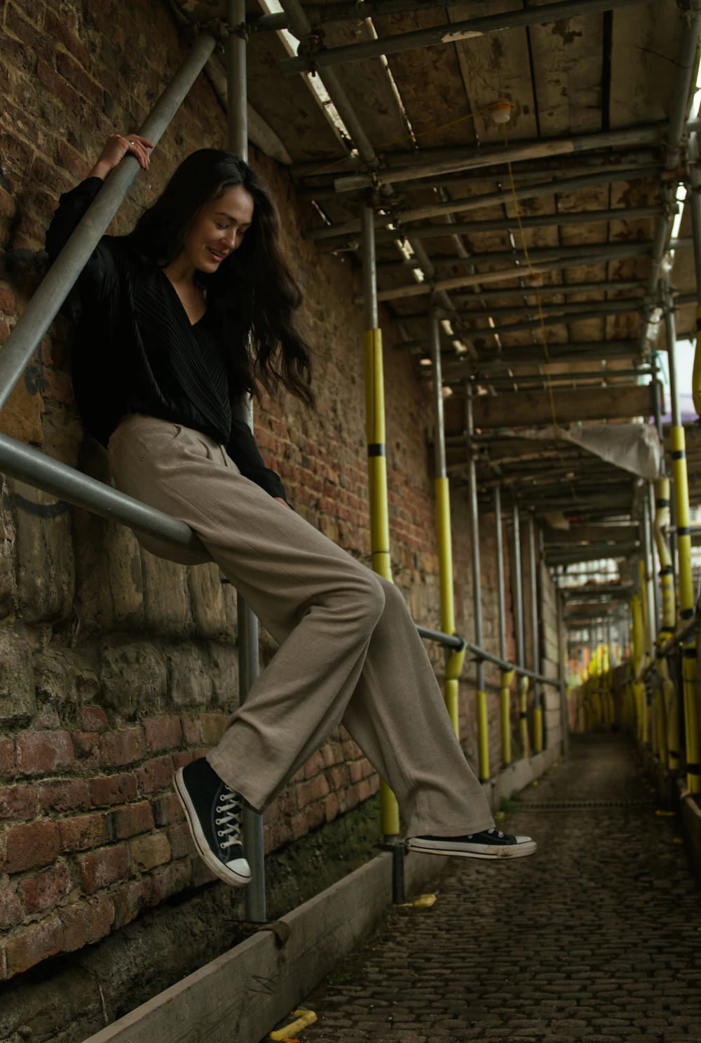 White blouse with stone wide-leg trousers