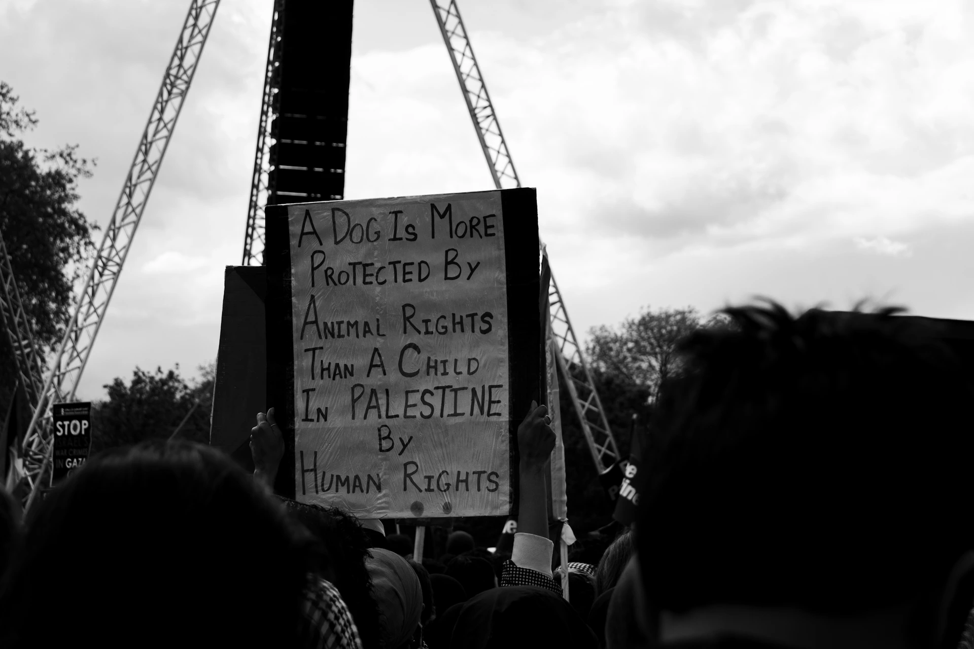 A black and white image shows a crowd of people holding protest signs. One prominent sign reads, 'A Dog Is More Protected By Animal Rights Than A Child In Palestine By Human Rights.' The background features cloudy skies and structures resembling stage trusses.