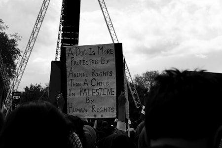 A black and white image shows a crowd of people holding protest signs. One prominent sign reads, 'A Dog Is More Protected By Animal Rights Than A Child In Palestine By Human Rights.' The background features cloudy skies and structures resembling stage trusses.