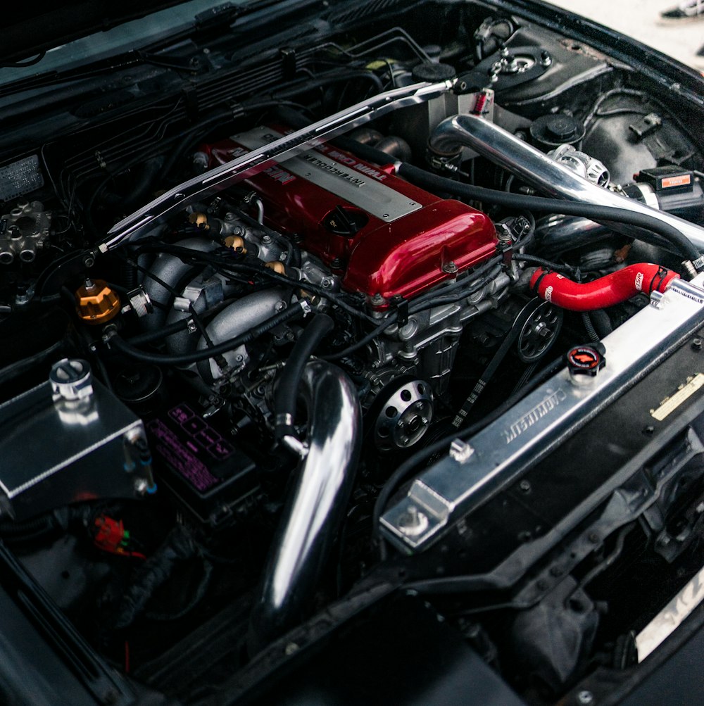 black and red car engine bay