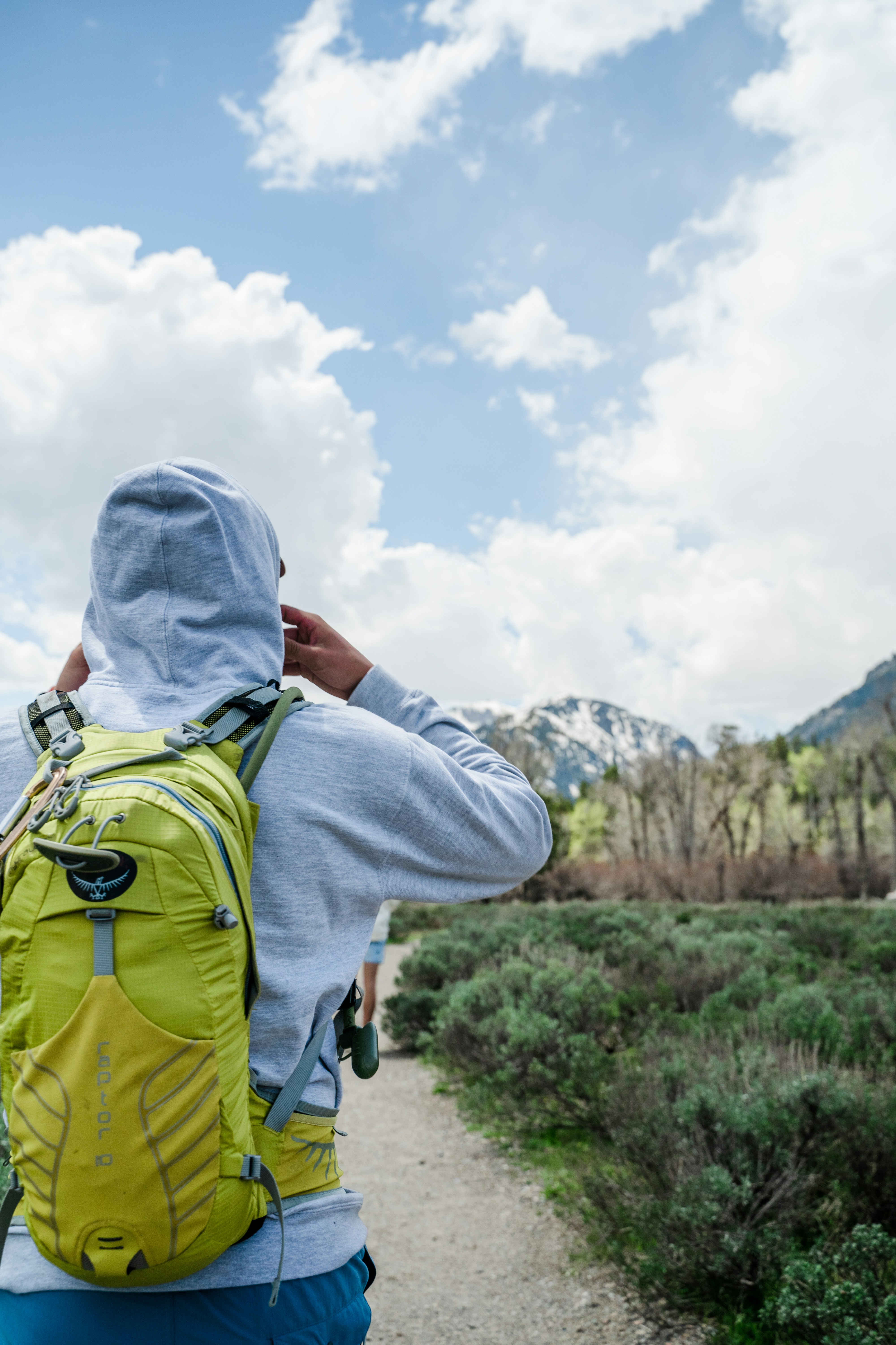 Man in yellow backpack walking down green trail leading to blue teton mountains