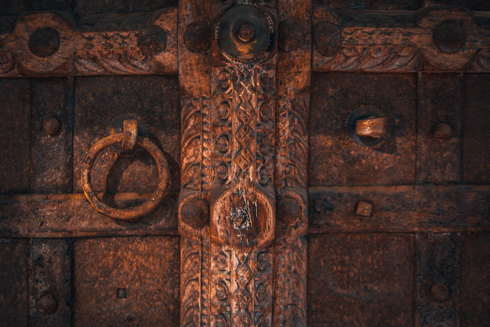 Old wooden panel door with a brass lever handle