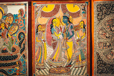 Vibrant Madhubani art inspired depiction of knowledge and learning.