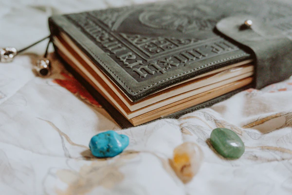 Open grimoire with handwritten notes
