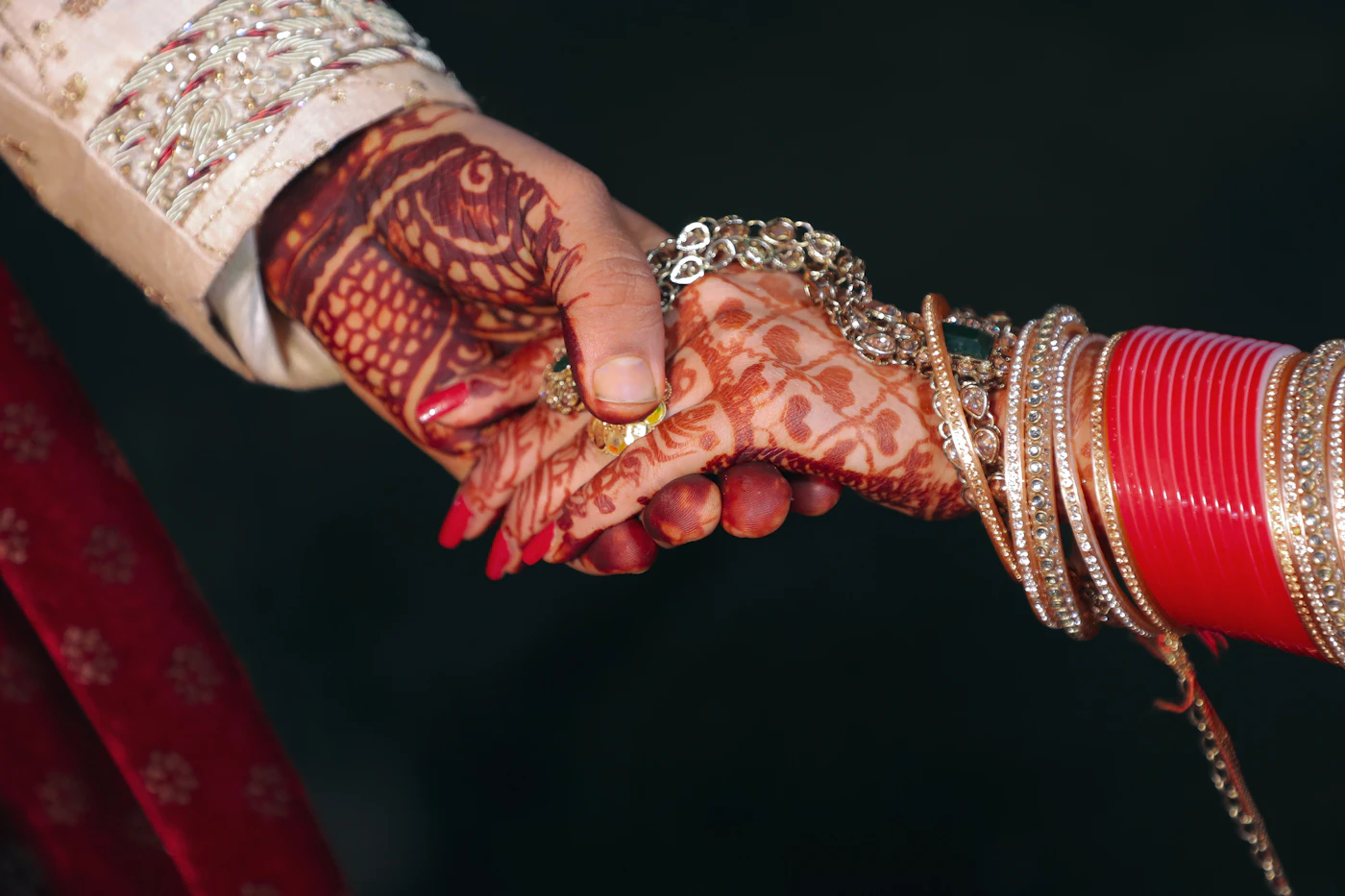 Close detail of henna-covered hands during a mehendi ceremony