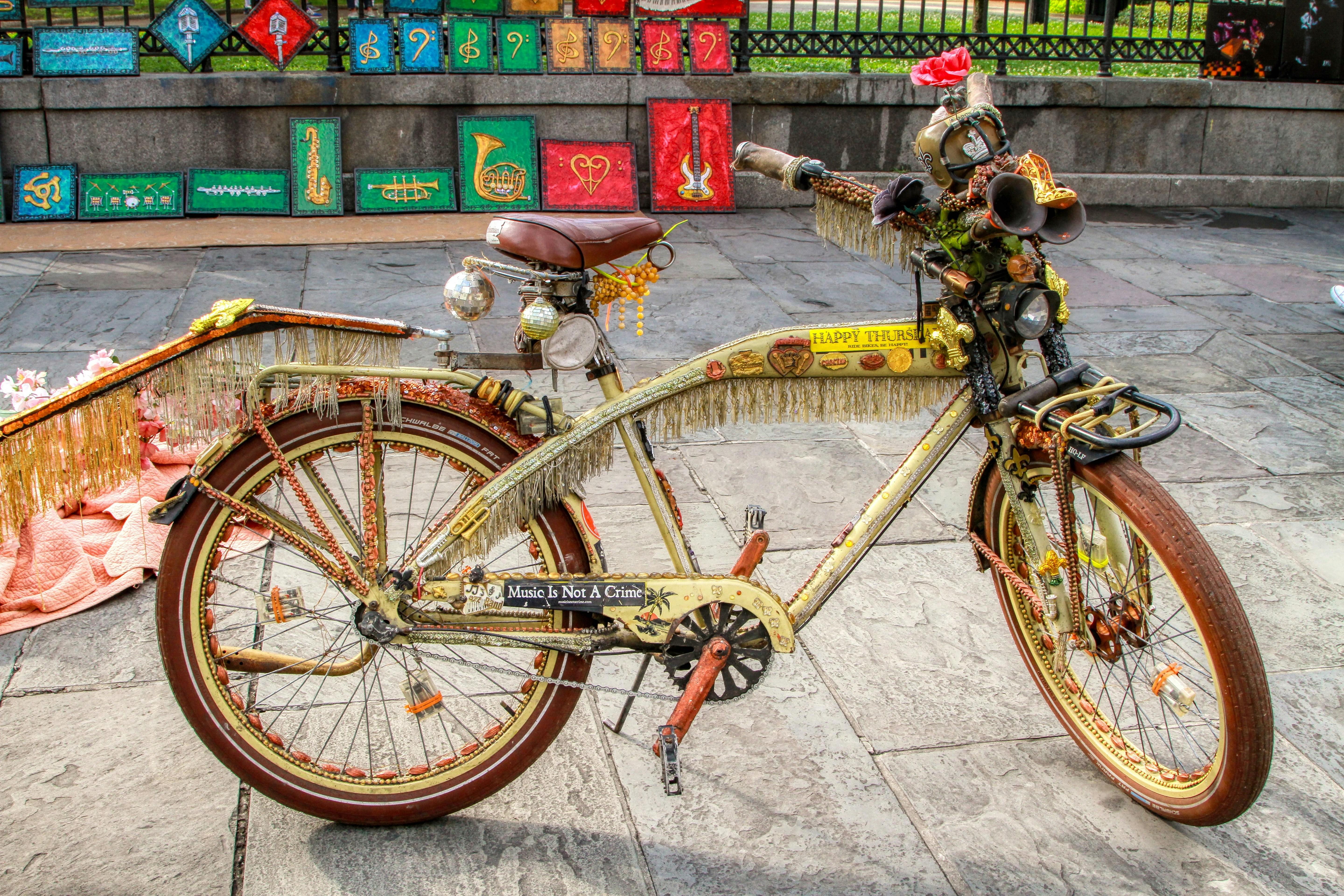 A Jackson Square art sellers mode of transportation and indication of her flamboyant personality.